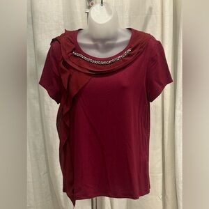 White House Black Market Burgundy Embellished Short Sleeve Top